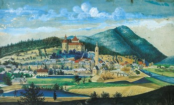Janez Potočnik, Škofja Loka z Lubnikom (Ansicht den Stadt Lack), 1809, papir, tempera, 27,1x41cm
