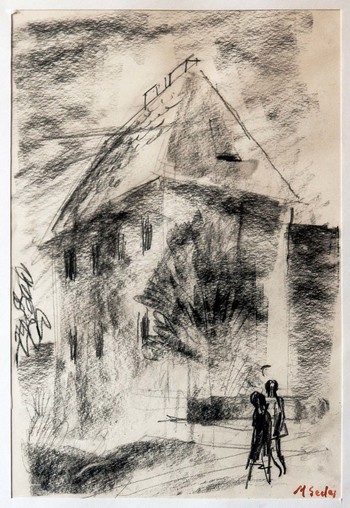 Maksim Sedej: Grajski stolp, 2. polovica 60. let prejšnjega stoletja, oglje na papir. <em>Foto: Fototeka Loškega muzeja</em>