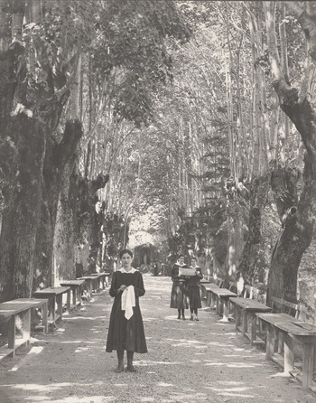 Lipov drevored na grajskem vrtu s šolskimi klopmi, kjer so uršulinke v toplih mesecih izvajale pouk, začetek 20. stoletja. <em>Foto: Hrani arhiv uršulinskega samostana v Škofji Loki.</em>