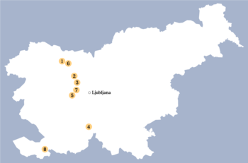 Ohranjene Svete nedelje na Slovenskem: 1- Bodešče, cerkev sv. Lenarta; 2- Crngrob, cerkev Marijinega Oznanjenja; 3- Gosteče, cerkev sv. Andreja; 4- Knežja njiva, cerkev sv. Trojice; 5- Koreno nad Horjulom, cerkev sv. Mohorja in Fortunata; 6- Mošnje, cerkev sv. Andreja; 7- Pristava pri Polhovem Gradcu, cerkev sv. Elizabete; 8-Zanigrad, cerkev sv. Štefana
