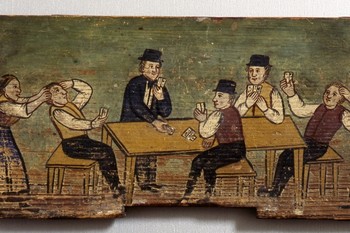 Gostilniški prizor, motiv iz vaškega življenja, Selška delavnica <em>Foto: Miran Kambič. Hrani Čebelarski muzej Radovljica</em>