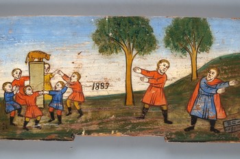 Izraelci malikujejo zlato tele, Mojzes razbije tabli postave, motiv iz Svetega pisma stare zaveze, Selška delavnica, 1889. <em>Foto: Marko Habič. Hrani Slovenski etnografski muzej</em>