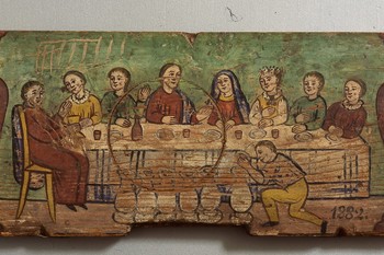 Svatba v Kani Galilejski, motiv iz Svetega pisma nove zaveze, Selška delavnica, 1882 <em>Foto: Miran Kambič. Hrani Čebelarski muzej Radovljica</em>