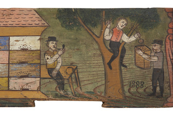 Lovec s psom strelja srnjaka, lovski motiv, Selška delavnica, 1888 <em>Foto: Miran Kambič. Hrani Čebelarski muzej Radovljica</em>