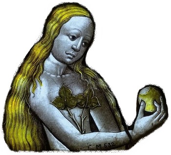 Eva, vitraž, 1450–1460. Hrani Museum Schnütgen, Köln. <em>Foto: https://medieval.gumlet.net/wp-content/uploads/2019/07/Eve_Cologne_c._1450-1460_stained_glass_-_Muse</em>