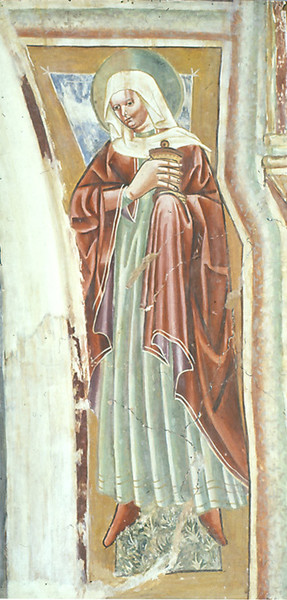 Suški mojster, Pametna devica, okoli 1460, freska, slavoločna stena, Suha <em>Foto: Fototeka Loškega muzeja</em>