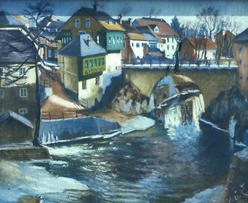 Janez Potočnik - Januš: Kapucinski most v Škofji Loki, 1937, olje na platno. <em>Foto: Fototeka Loškega muzeja</em>