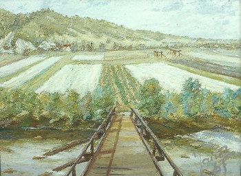 Janez Potočnik . Januš: Veštersko polje, 1967, olje na lesonit. <em>Foto: Fototeka Loškega muzeja</em>