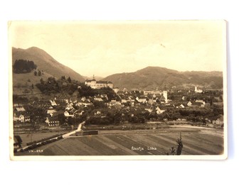 Panorama Škofje Loke, začetek 30. let 20. stoletja, razglednica, hrani Loški muzej Škofja Loka