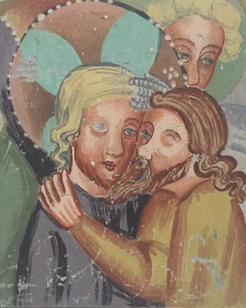 Judežev poljub, kopija freske iz sredine 14. stoletja. Hrani Loški muzej Škofja Loka. <em>Foto: Fototeka Loškega muzeja</em>