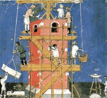 Gradnja babilonskega stolpa, Rudolf von Ems, iz Weltchronik, Ms 2, theol. 4 <em>Foto: Gesamthochschulbibliothek Kassel</em>