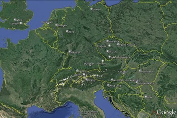 Distribution of Servant-Form Candlesticks across Europe: Škofja Loka (1), Merano (1), Bregenz (1), St. Paul im Lavanttal (2), Wenns (1), Bonyhádvarasd (1), Budimpešta (1), Kőszeg (1), Jarak (1), Češke Budjovice (1), Hradec Králove (1), Litoměrice (1), Orlík (4), Praga (4), Altena (1), Lübstorf (1), Nürnberg (1), München (1), Passau (2), Speyer (2), Nijmegen (1), Rotterdam (1), London (1), Oxford (1).