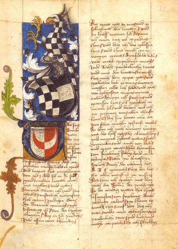Summa confessorum - Škofjeloški rokopis,11. list z grbom Henrika Brdskega in njegove žene Marjete