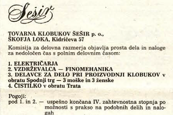 Obvestilo tovarne klobukov o zaposlovanju novih delavcev v Gorenjskem Glasu leta 1986. <em>Foto: Gorenjski glas, 16. 9. 1986.</em>