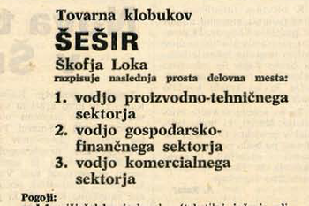 Zaposlitveni oglas tovarne klobukov v Gorenjskem glasu leta 1970. <em>Foto: Gorenjski glas, 9. 12. 1970</em>